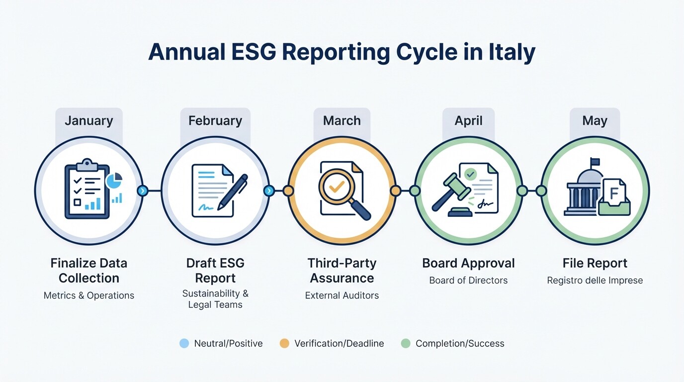 Five-month internal timeline for preparing and filing ESG reports in Italy