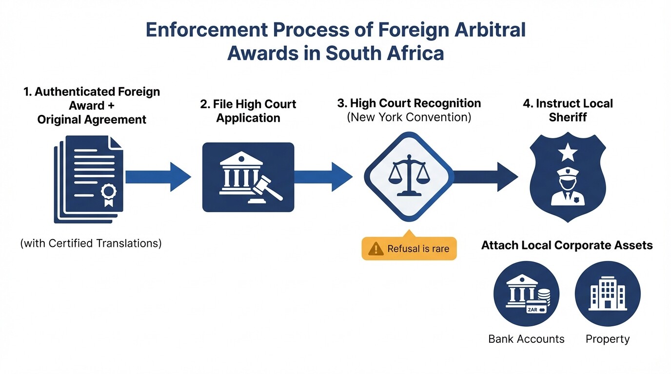 Flowchart showing the steps to enforce a foreign arbitral award in South Africa