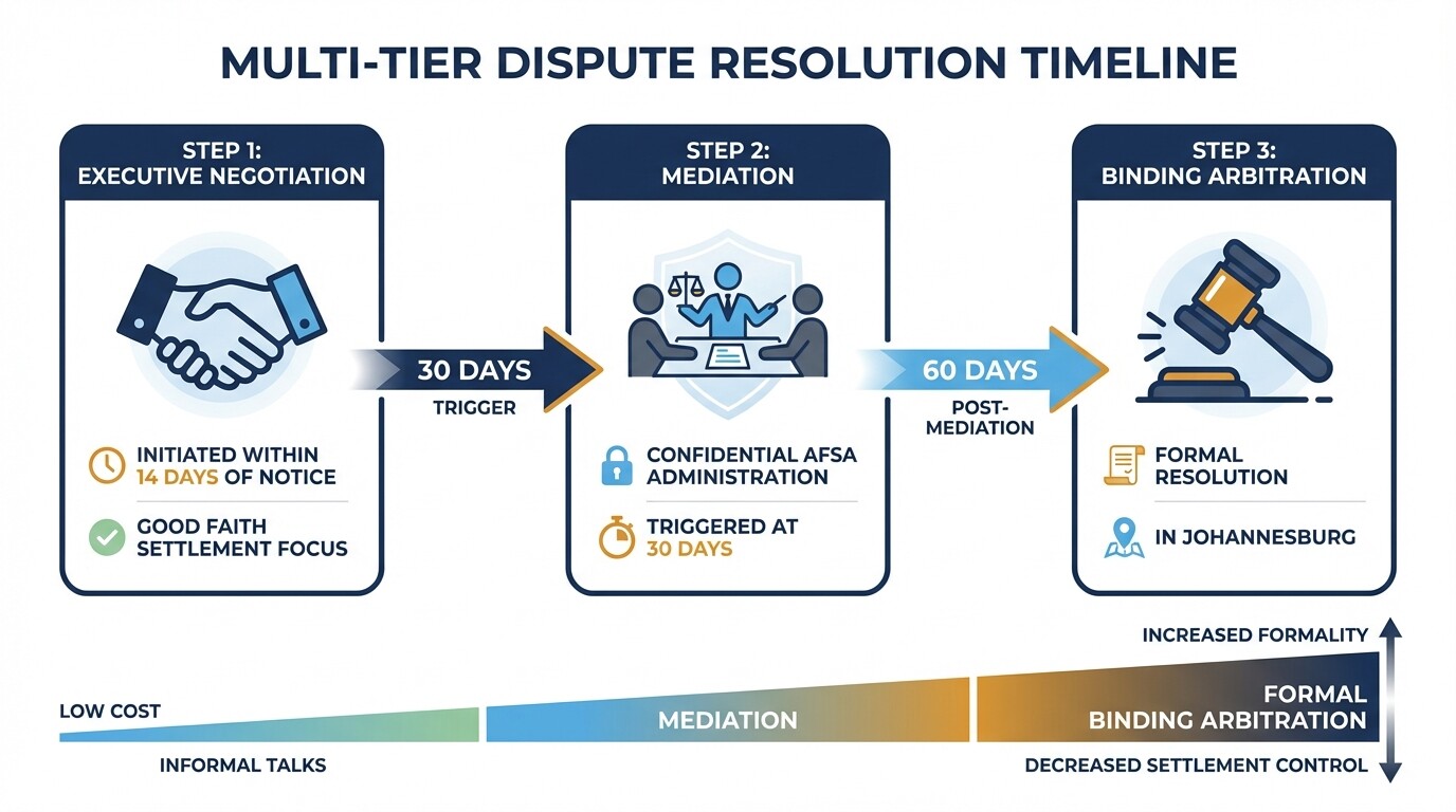 Timeline infographic showing the multi-tier escalation from negotiation to arbitration