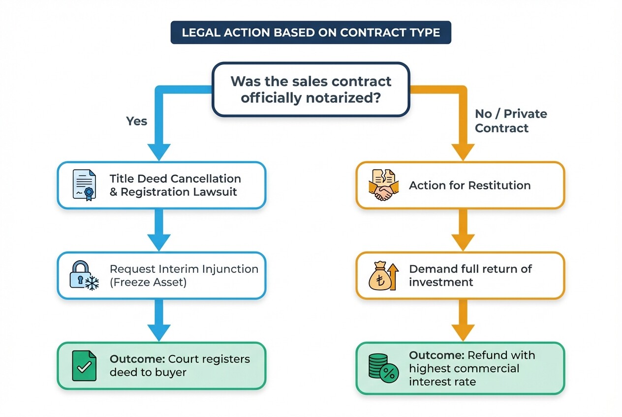 Decision flowchart showing Turkish real estate lawsuit options based on notarized versus private contracts