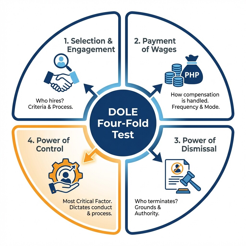 Diagram explaining the DOLE four-fold test for identifying an employer-employee relationship in the Philippines