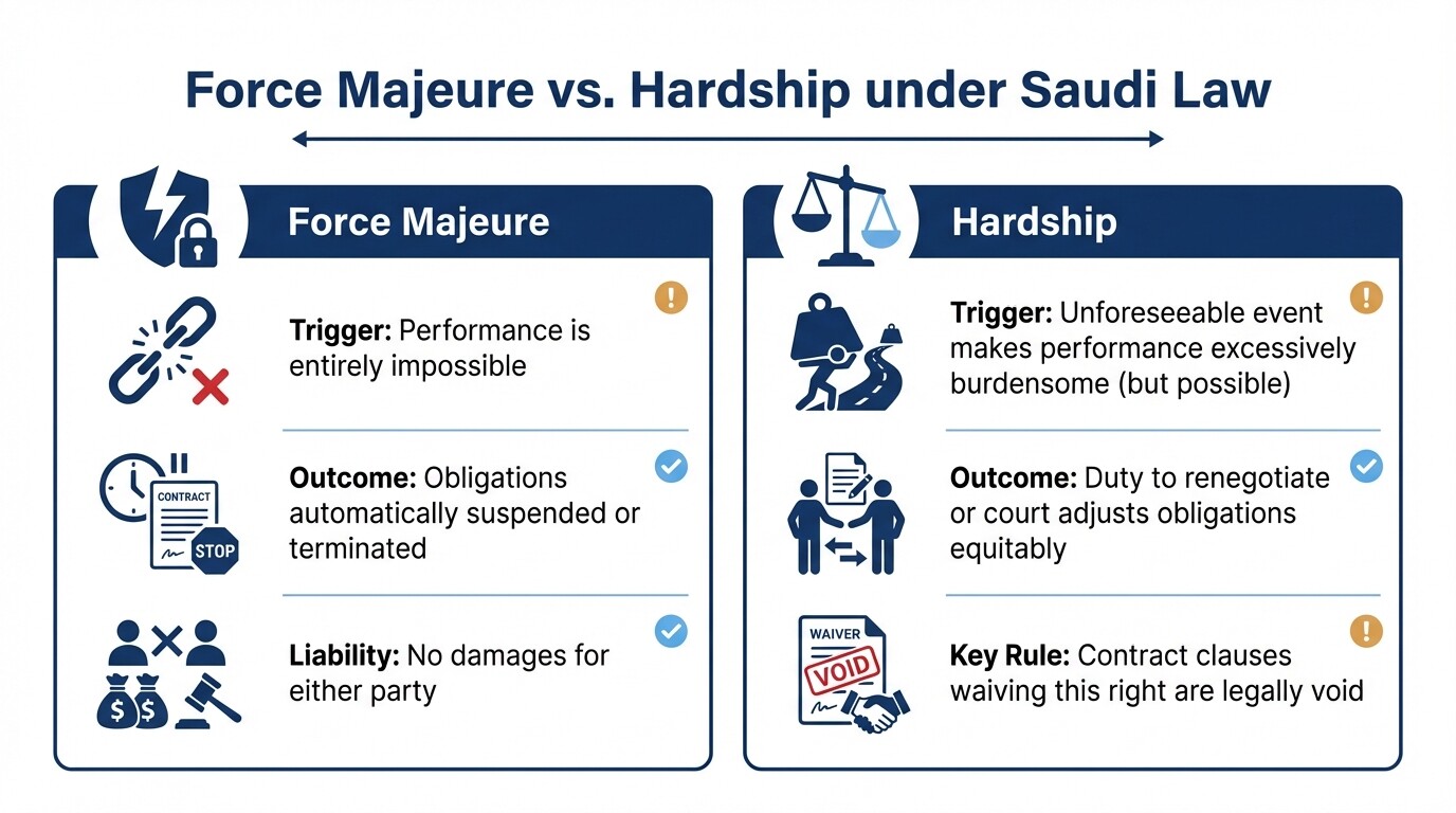 Comparison chart showing differences between Force Majeure and Hardship under Saudi Civil Transactions Law