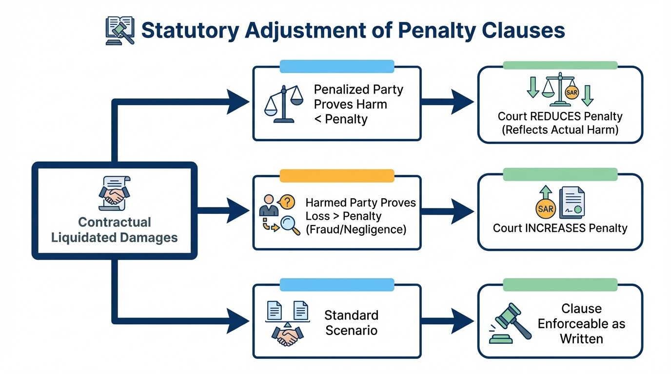 Flowchart illustrating how Saudi courts can increase or reduce liquidated damages based on actual harm