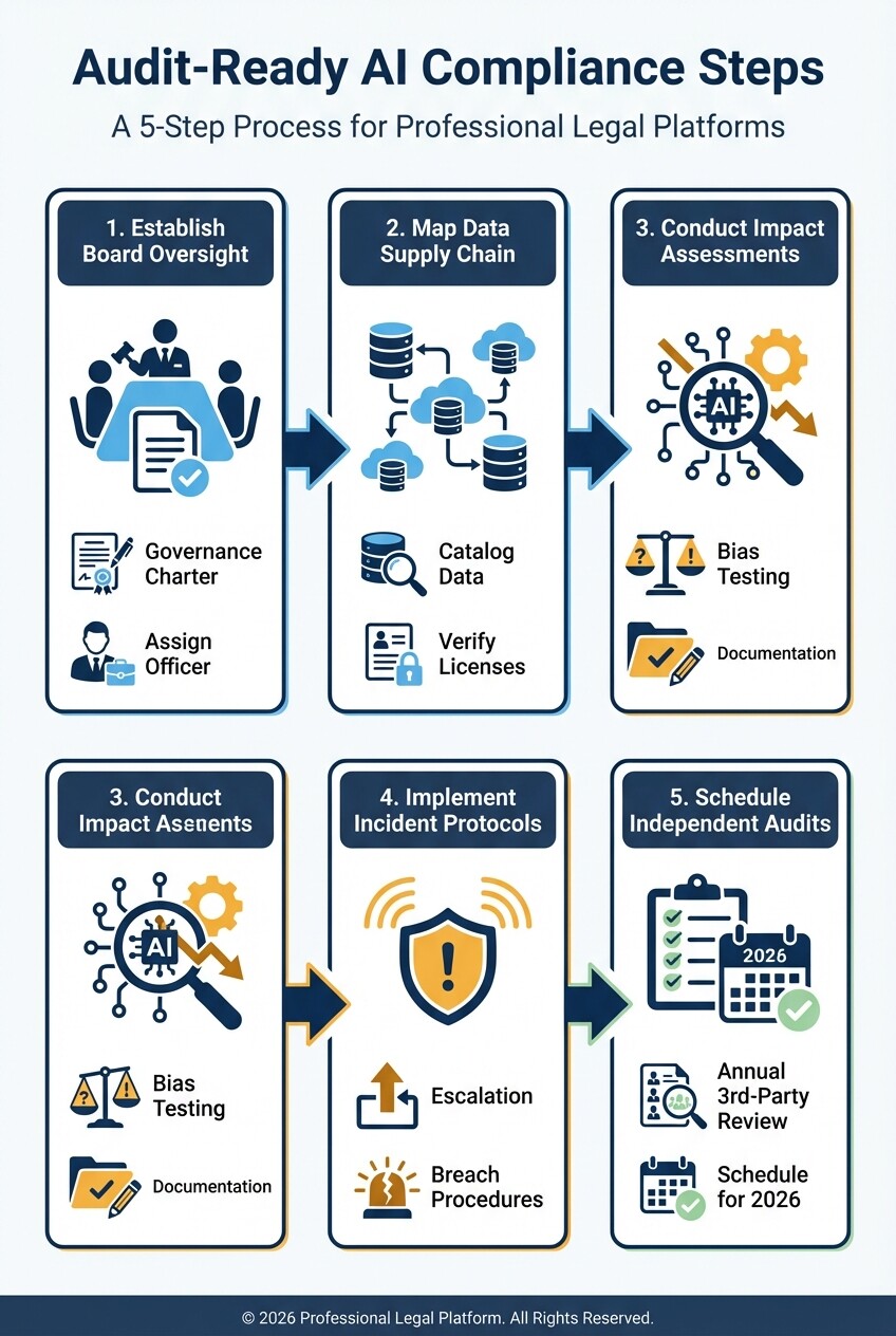 5-step infographic showing the AI compliance checklist for foreign tech companies in the US