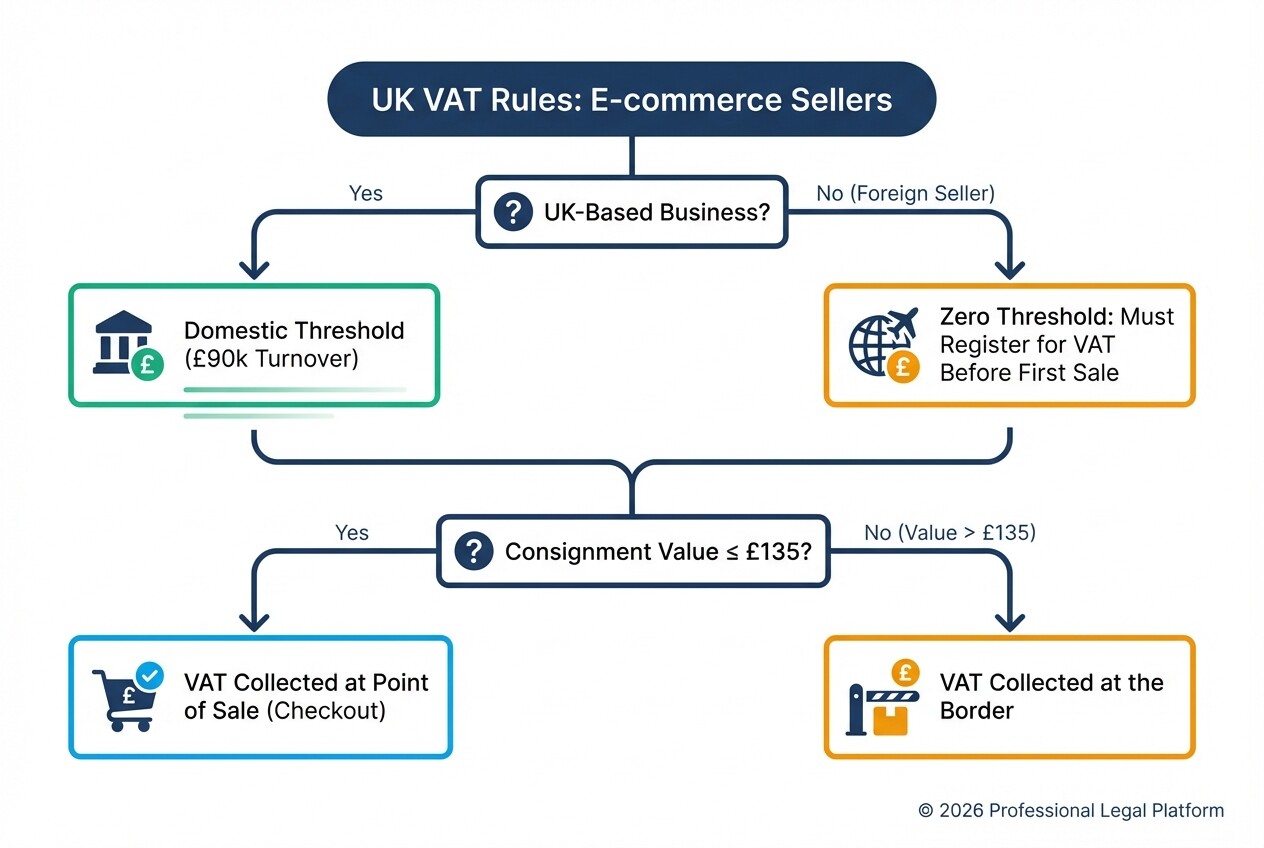 Decision tree flowchart explaining UK VAT registration thresholds and the 135 pound consignment rule