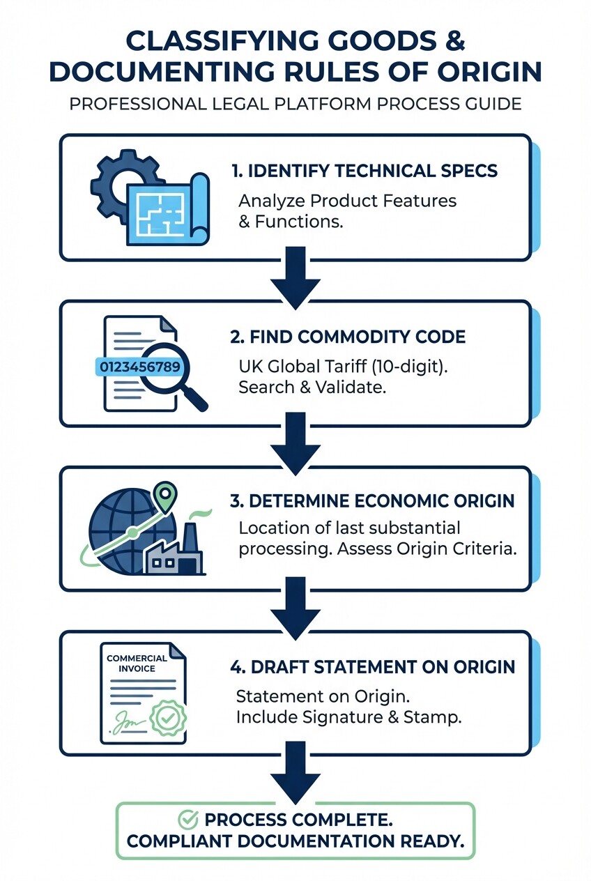 4-step process infographic for classifying UK imports and documenting rules of origin