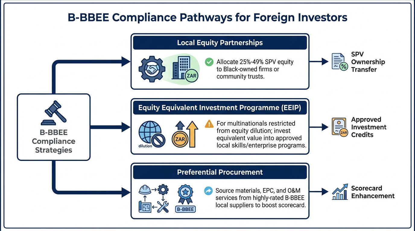 Diagram illustrating the three B-BBEE compliance pathways for foreign infrastructure investors