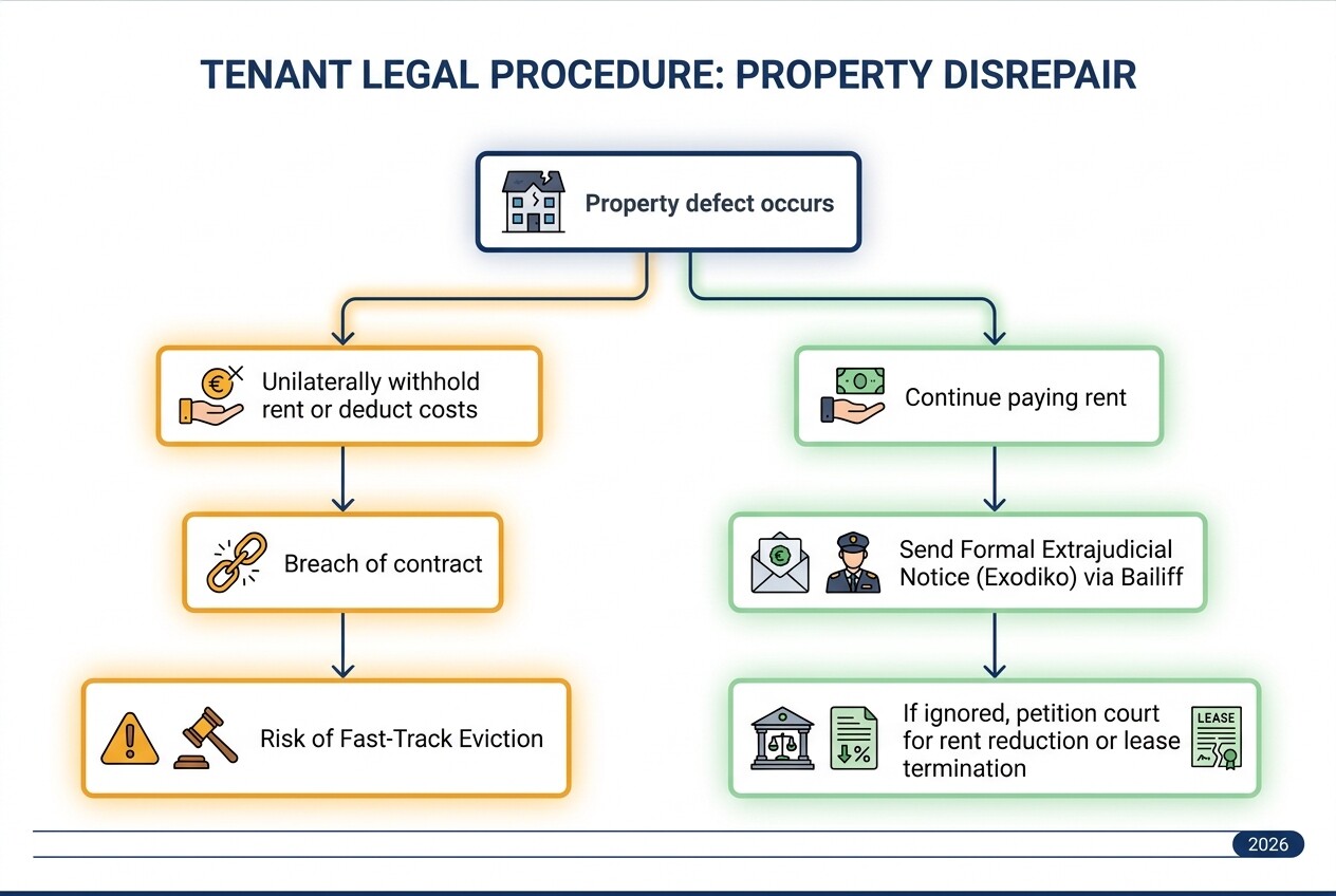 Flowchart showing the legal steps to handle property disrepair in Greece without risking eviction