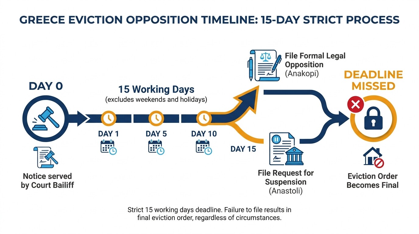 Timeline of the 15-working-day deadline to legally oppose an eviction order in Greece