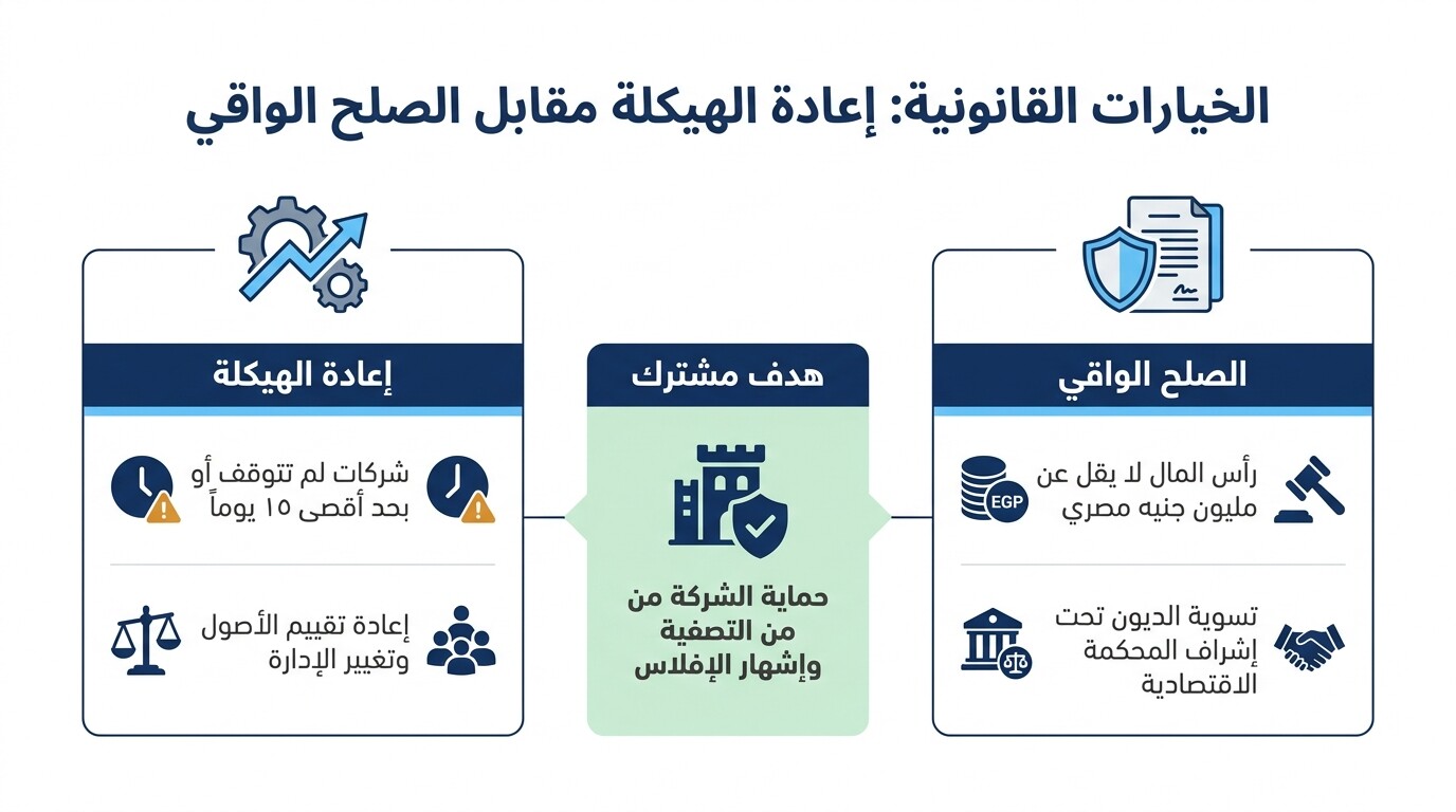مقارنة توضح الفروق والشروط بين نظام إعادة الهيكلة والصلح الواقي من الإفلاس للشركات
