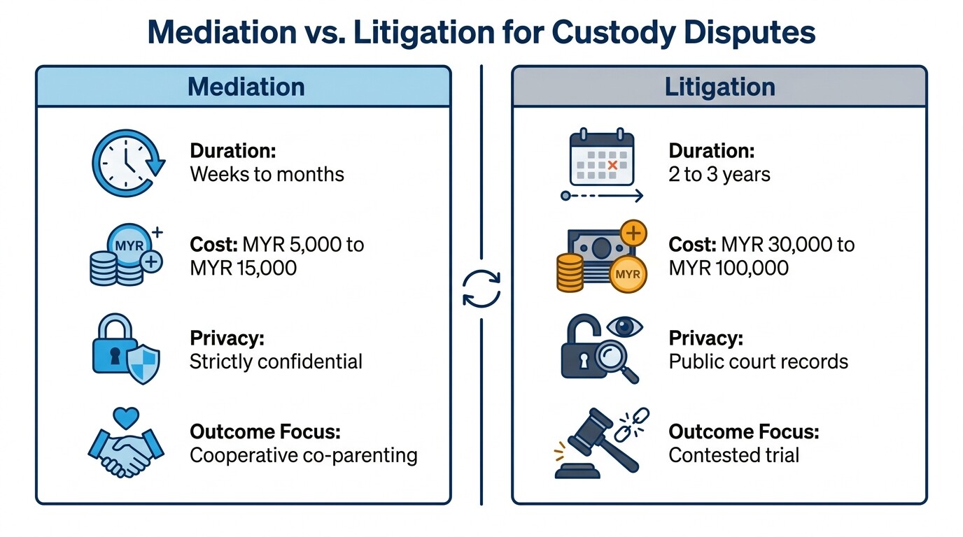 Comparison chart showing the cost, time, and privacy differences between mediation and litigation