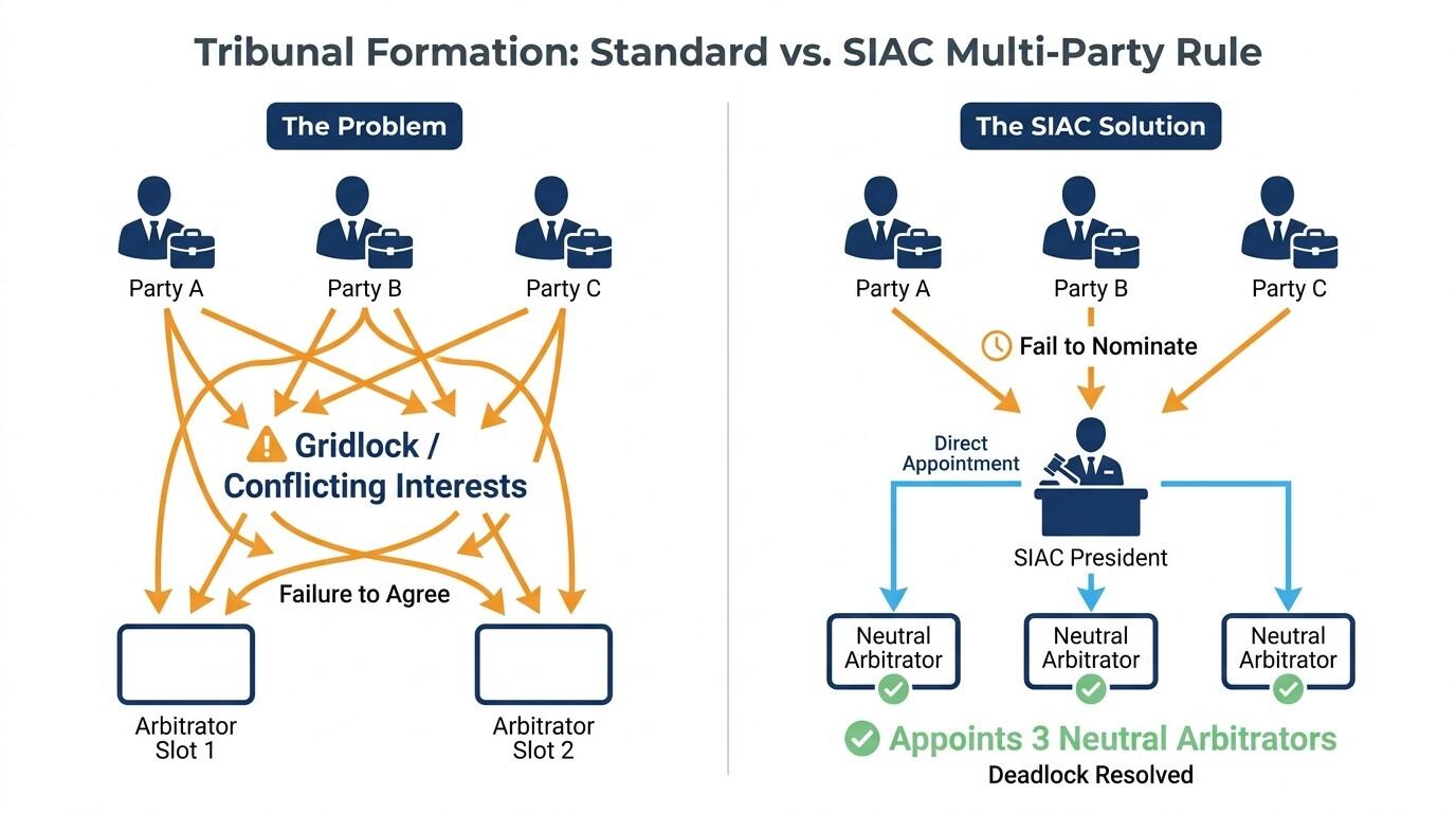 Diagram showing how SIAC President appoints arbitrators when multi-party joint ventures deadlock