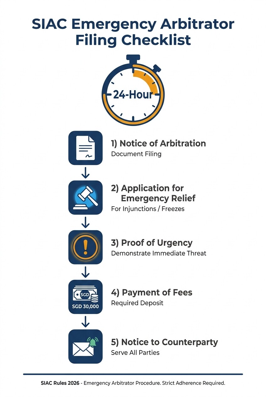 5-step checklist for filing an emergency arbitrator application under SIAC rules