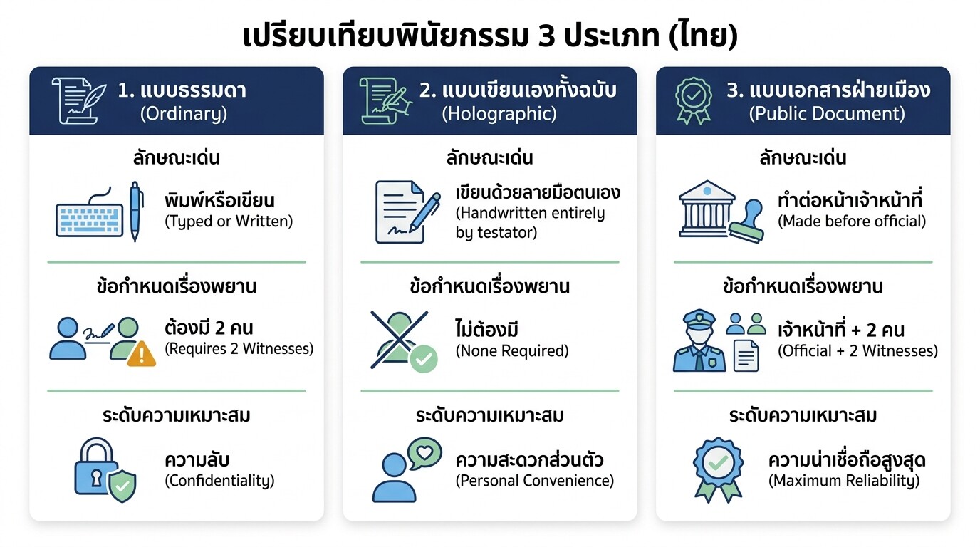 ตารางเปรียบเทียบพินัยกรรม 3 ประเภทในไทย แบบธรรมดา แบบเขียนเอง และแบบเอกสารฝ่ายเมือง