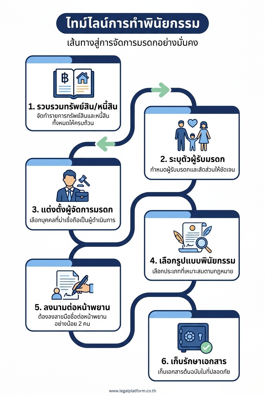 แผนภาพ 6 ขั้นตอนการทำพินัยกรรมที่ถูกต้องตามกฎหมาย ตั้งแต่รวบรวมทรัพย์สินจนถึงการเก็บรักษาเอกสาร