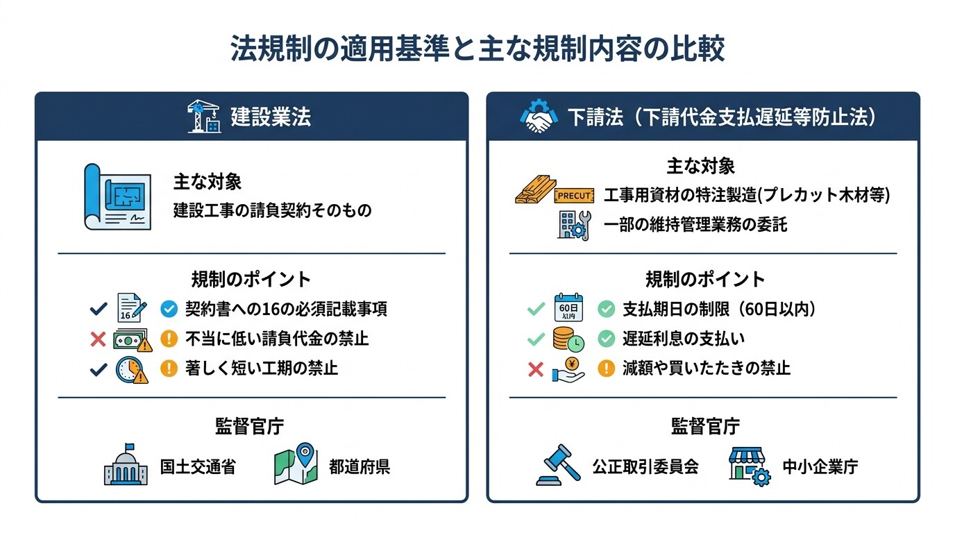 建設業法と下請法の適用範囲と主要な法規制の違いを比較した表