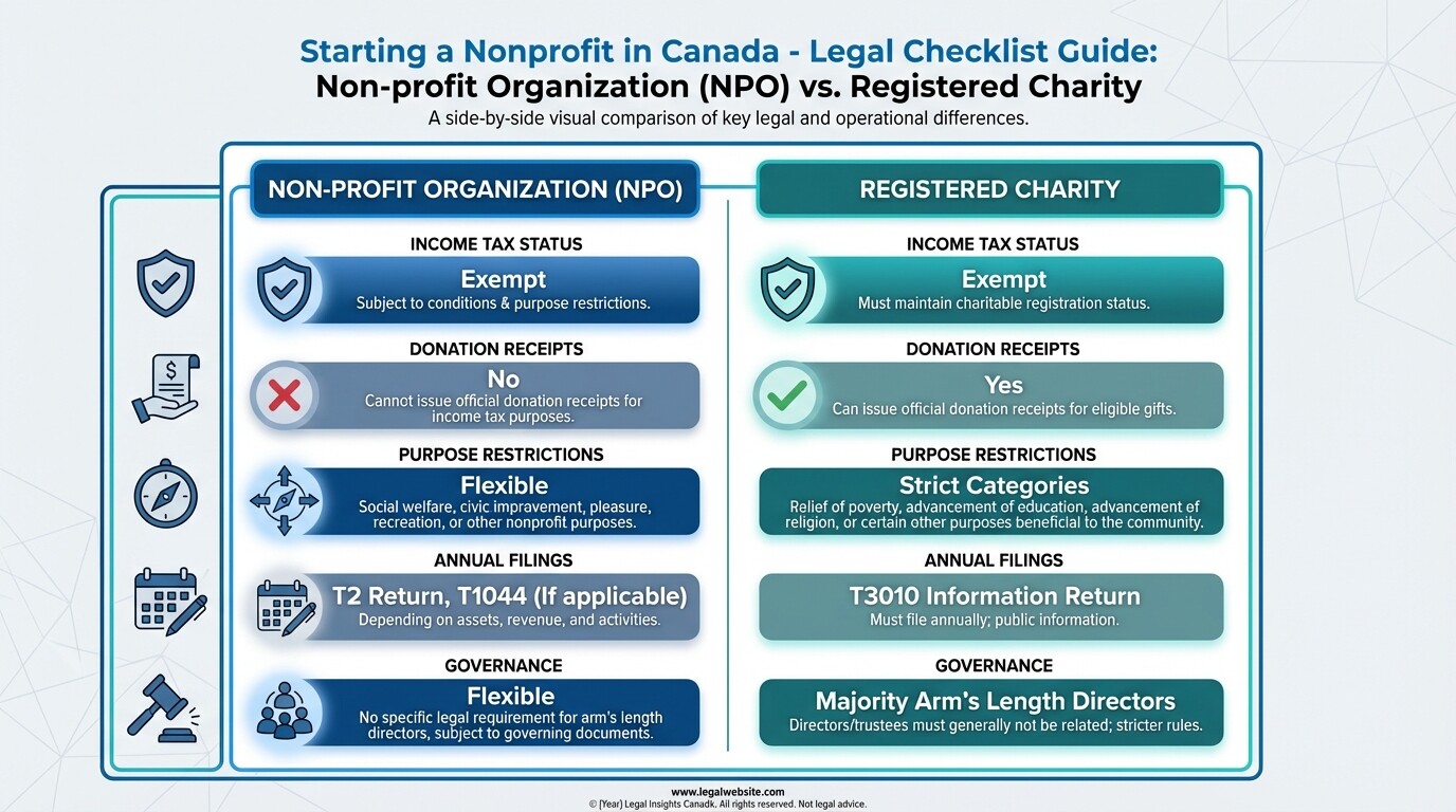 Comparison chart showing the differences between a Canadian NPO and a Registered Charity.