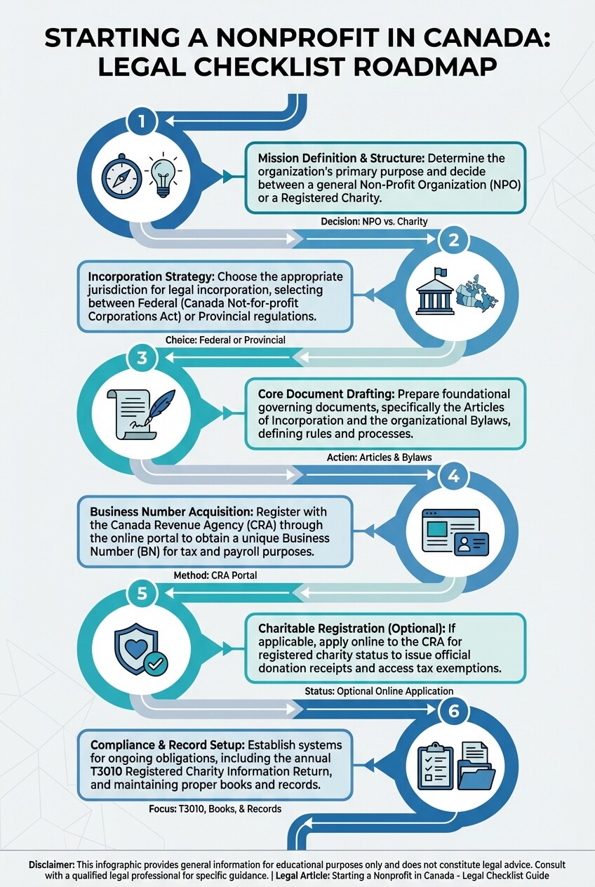 A 6-step roadmap showing the legal process of starting a nonprofit and charity in Canada.