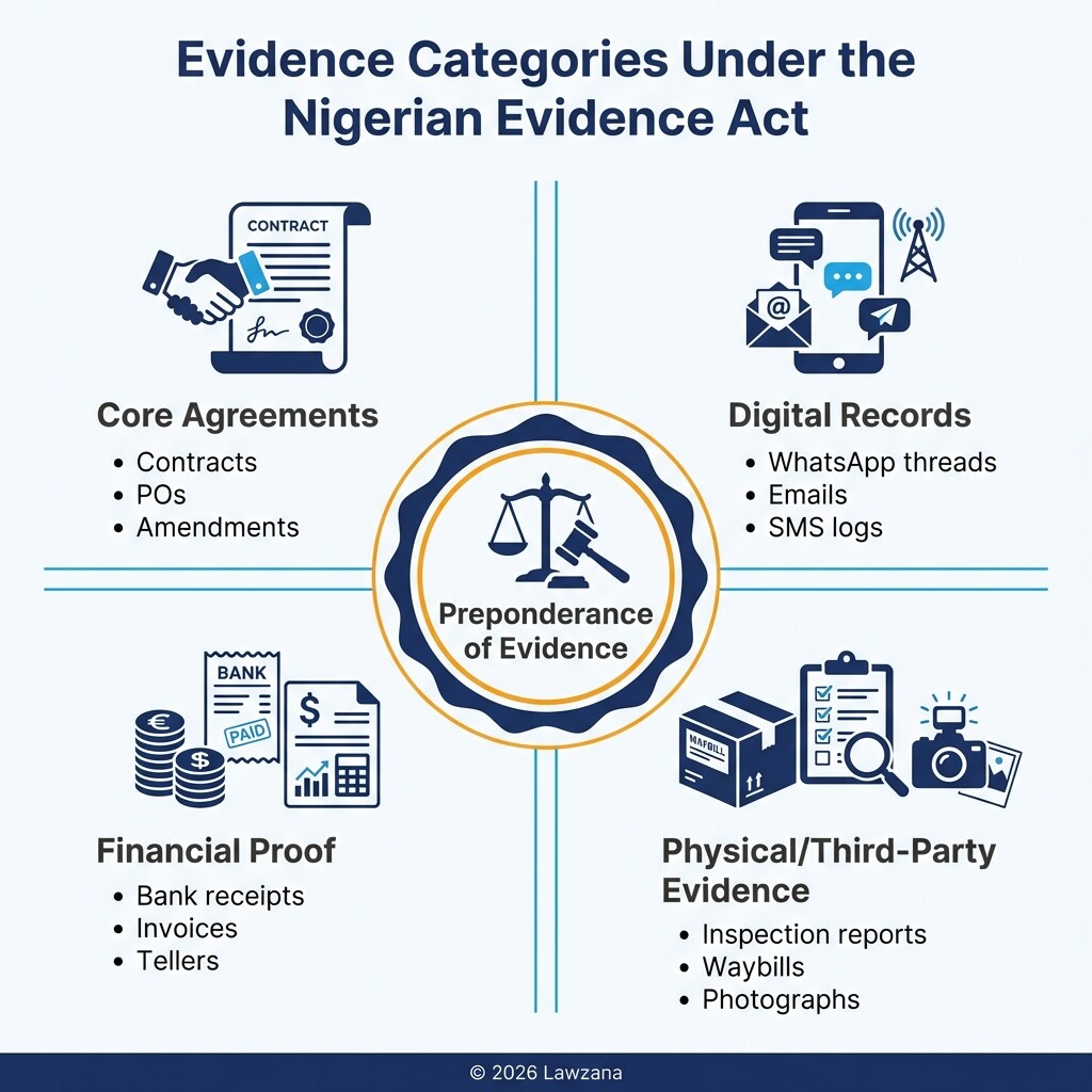 A diagram showing the categories of evidence needed for a Nigerian contract breach claim.