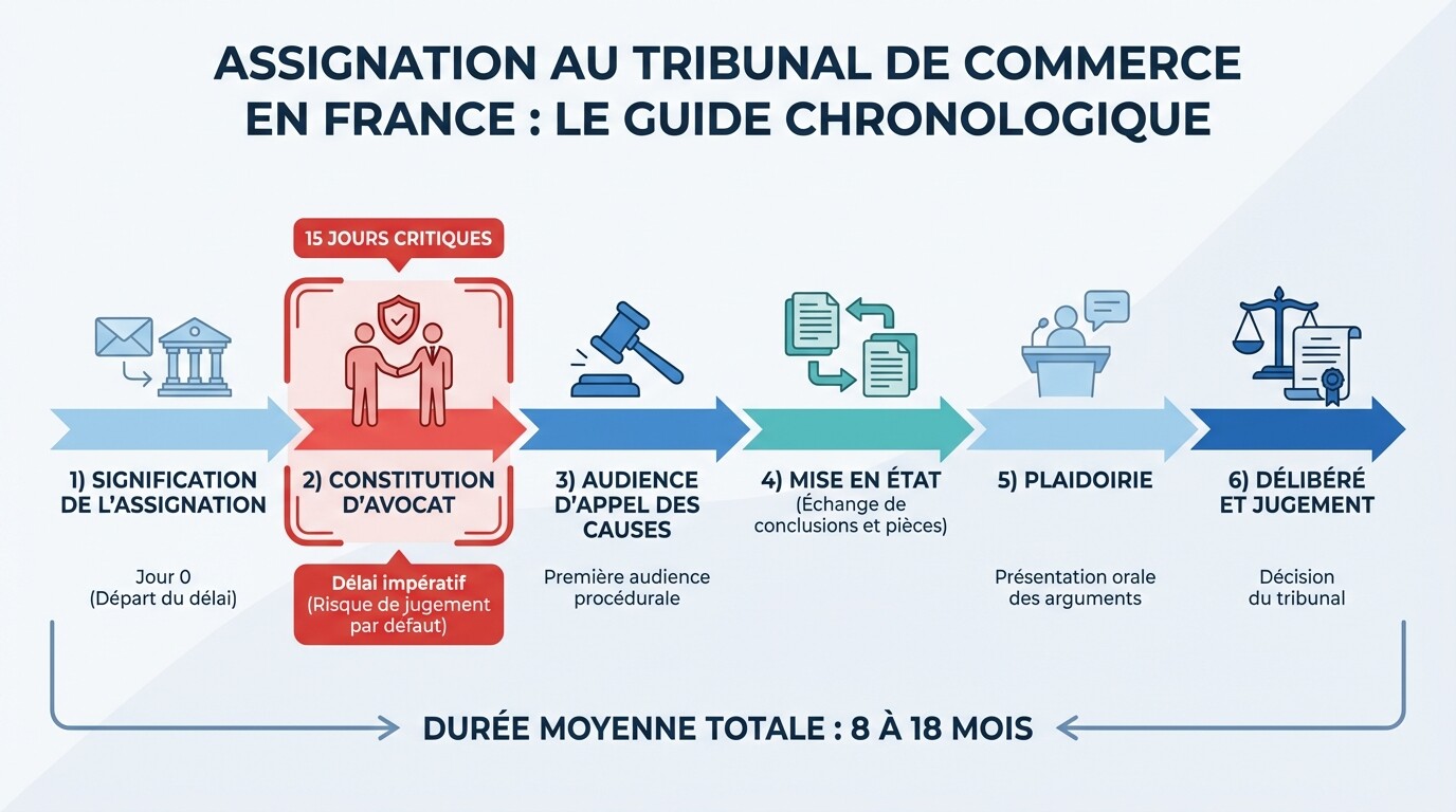 Timeline of French commercial court proceedings from summons to judgment