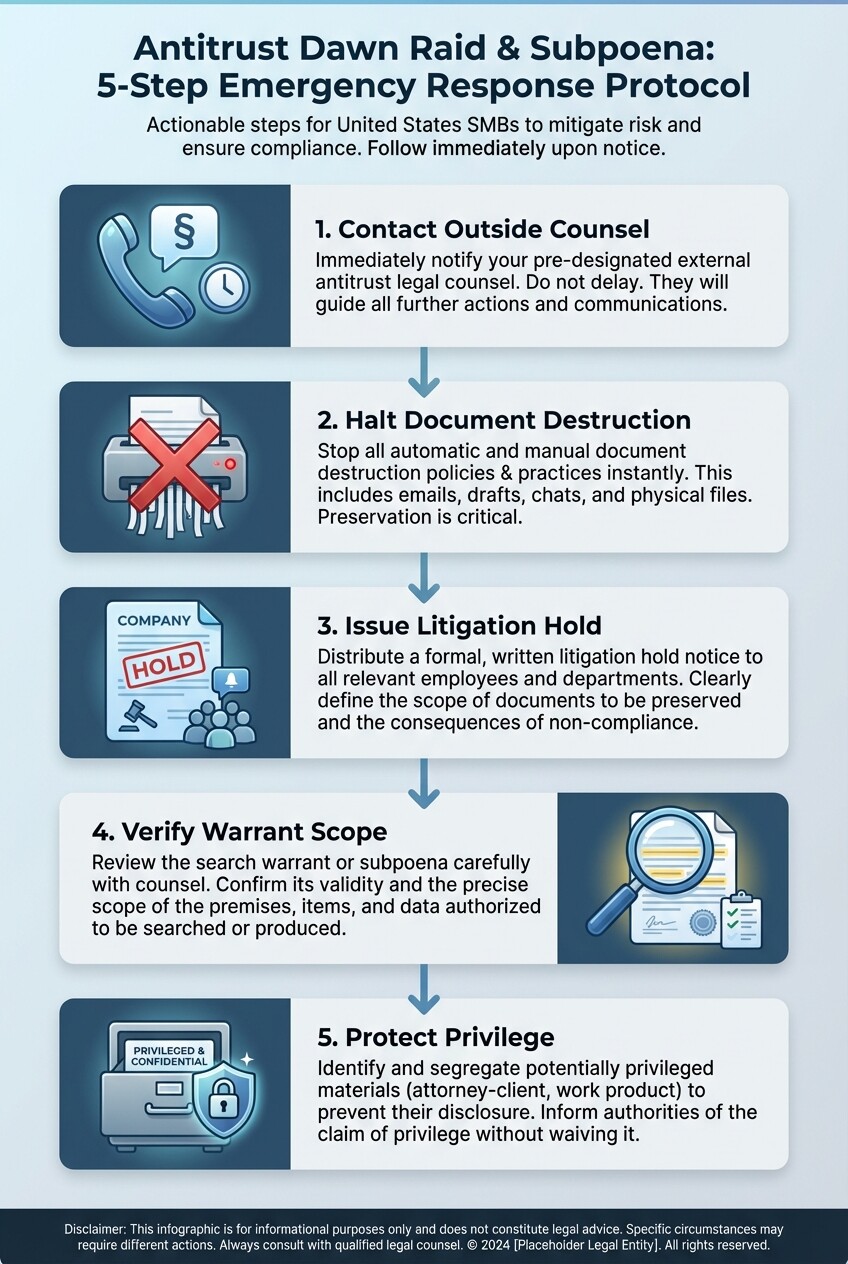 A 5-step checklist infographic for responding to a federal antitrust subpoena or dawn raid.