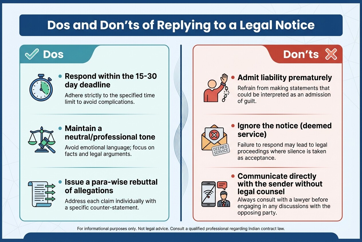 Comparison table showing professional best practices vs common mistakes in legal notice replies.