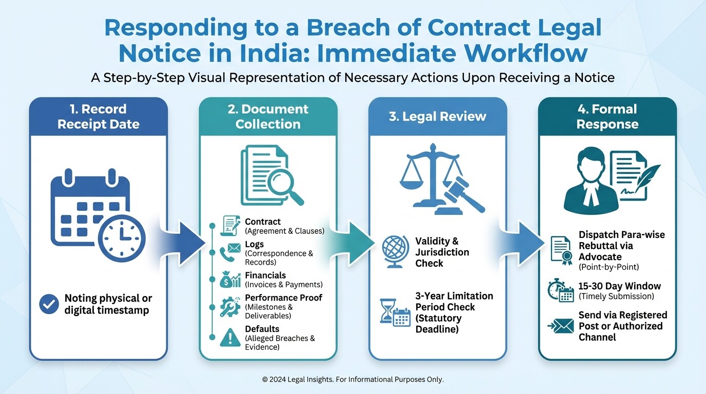 A 4-step process flow for responding to a breach of contract legal notice in India.