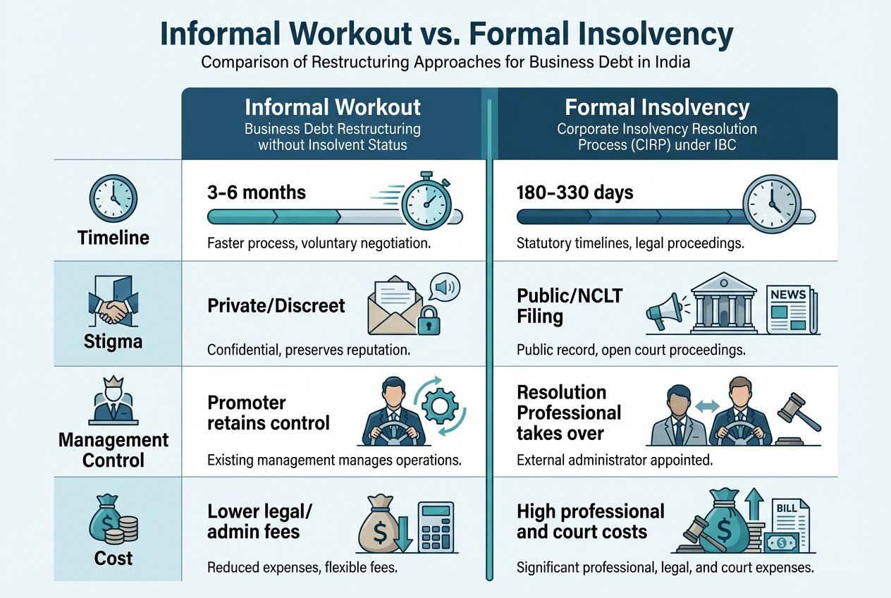 Comparison chart of informal debt settlement (OTS) vs formal IBC insolvency process