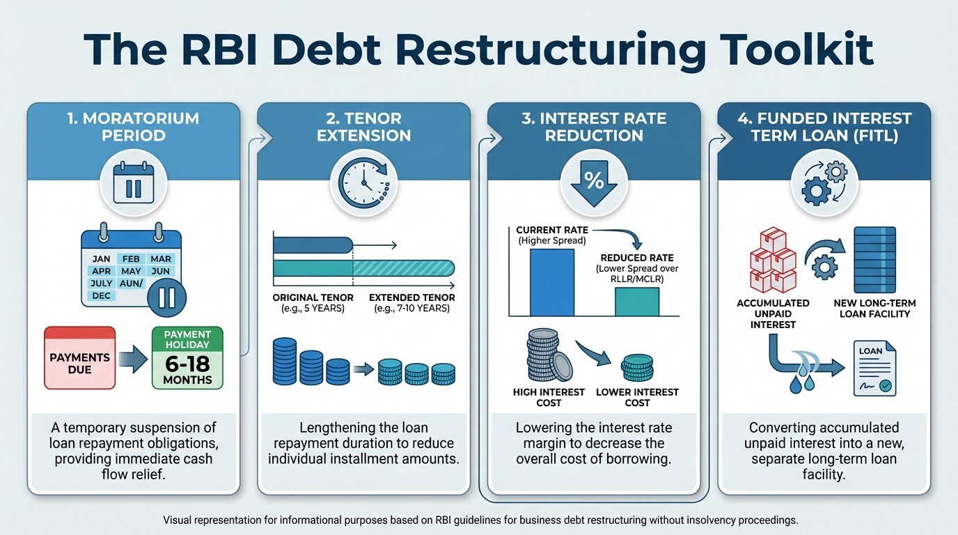 Infographic showing RBI debt restructuring tools: Moratorium, Tenor Extension, and FITL