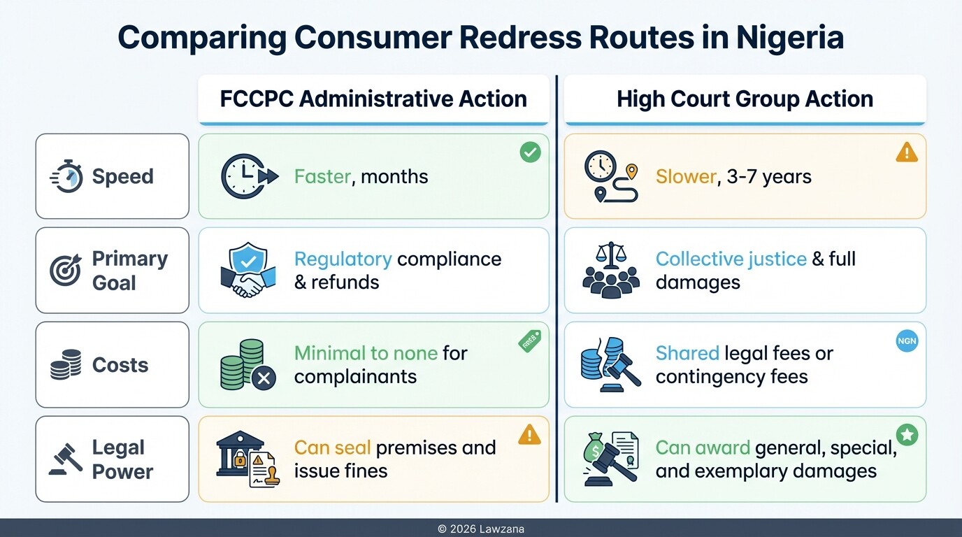 Comparison of FCCPC administrative redress vs High Court representative actions in Nigeria