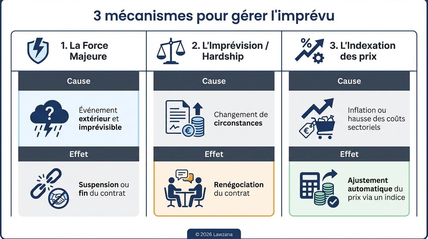 Tableau comparatif des clauses de force majeure, d'impr&eacute;vision et d'indexation pour s&eacute;curiser un contrat commercial.