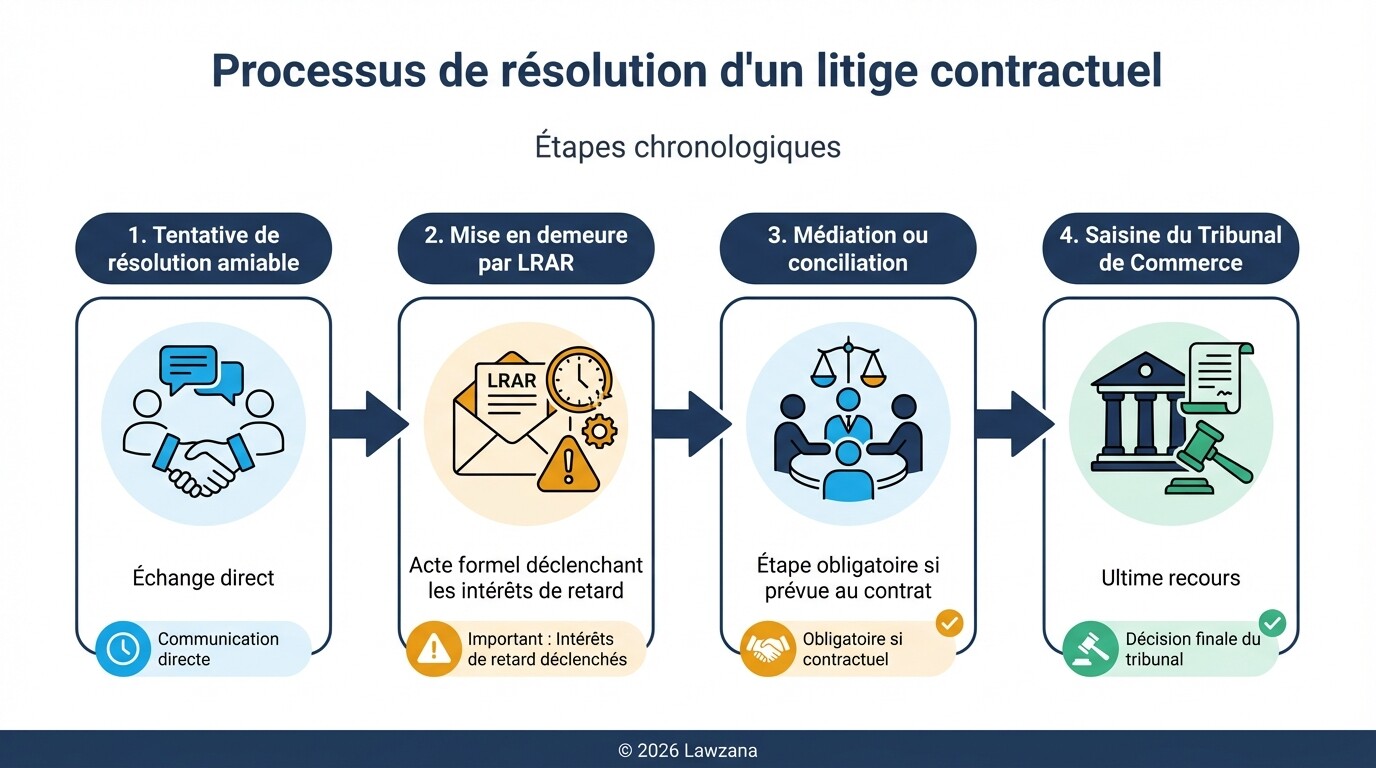 Infographie montrant les 4 &eacute;tapes de r&eacute;solution d'un litige commercial en France : amiable, mise en demeure, m&eacute;diation et tribunal.