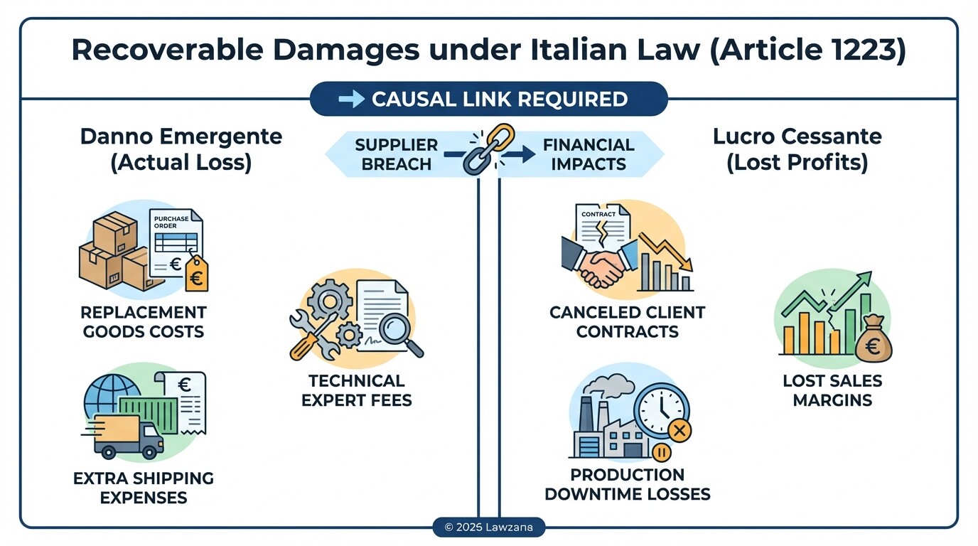 Comparison of actual losses and lost profits recoverable in an Italian commercial dispute.