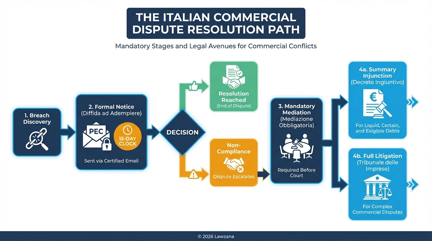 Flowchart of the legal process for Italian commercial disputes from notice to litigation.