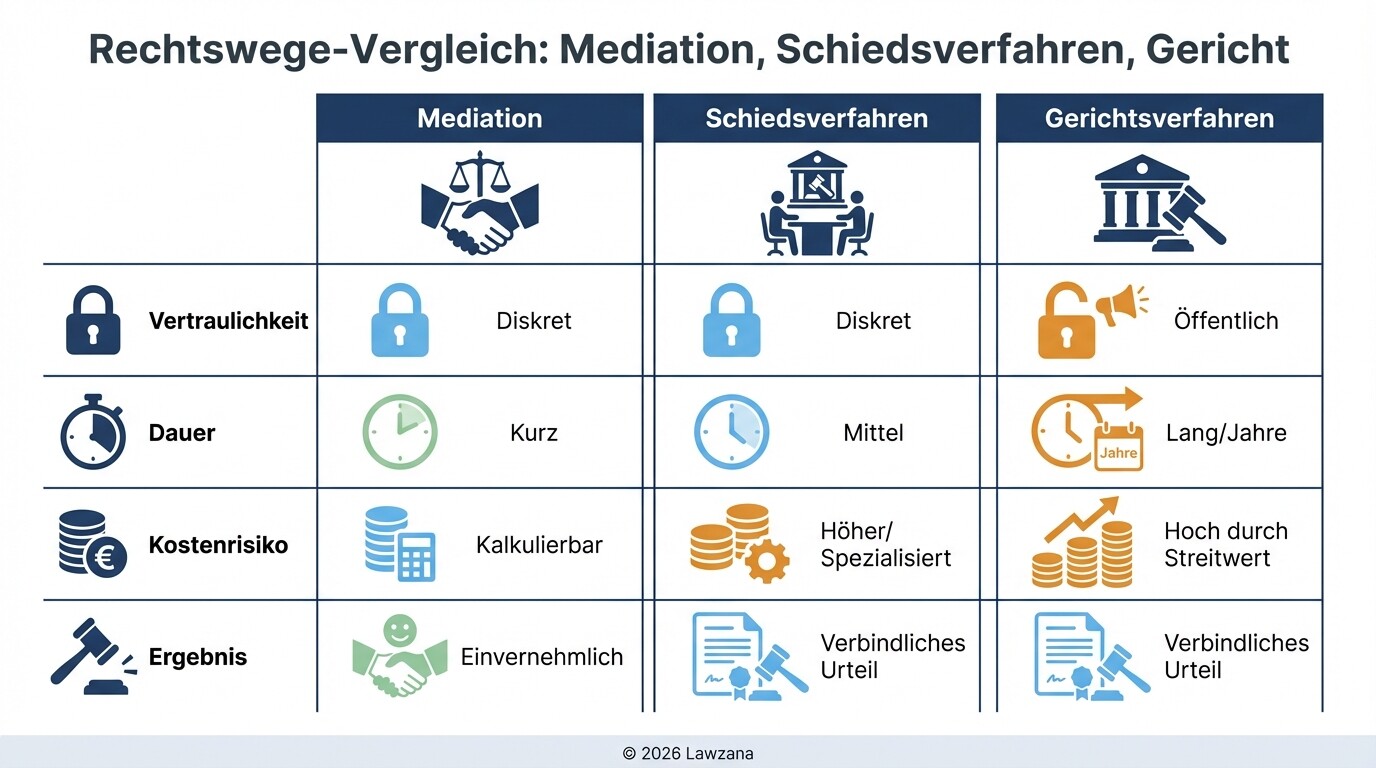 Vergleichstabelle: Mediation vs. Schiedsverfahren vs. staatliches Gericht bei GmbH-Streitigkeiten.