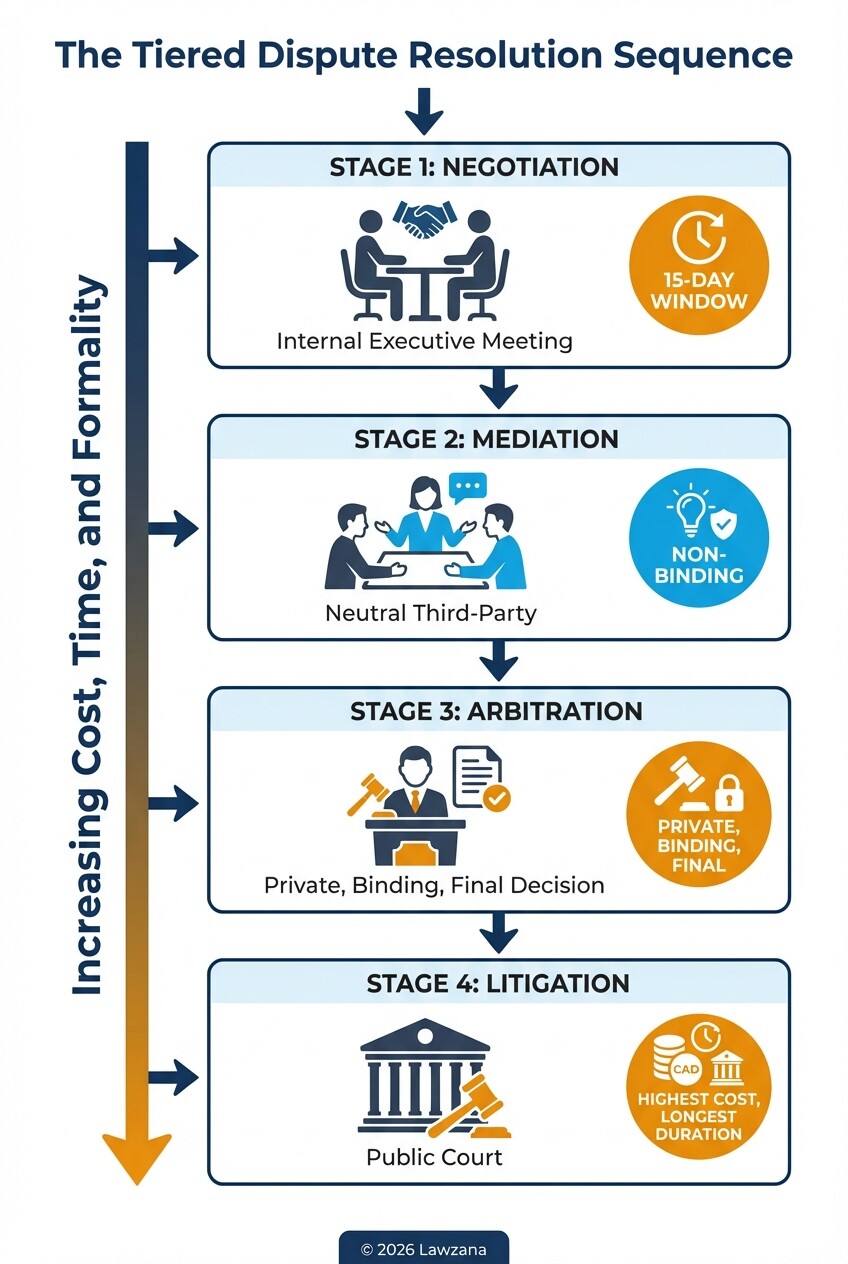 Diagram showing the multi-step dispute resolution process from negotiation to litigation.