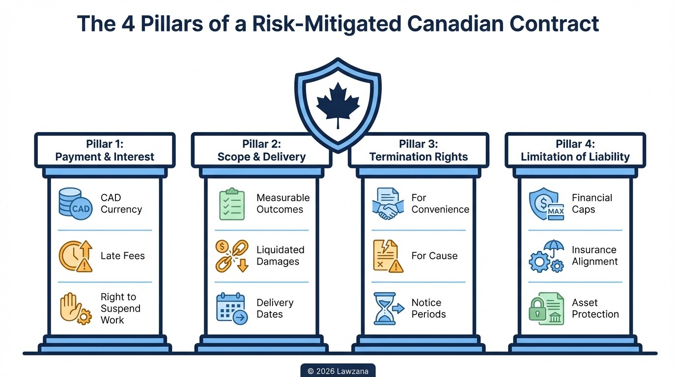 Infographic showing the four essential clauses to reduce contract risk in Canada.