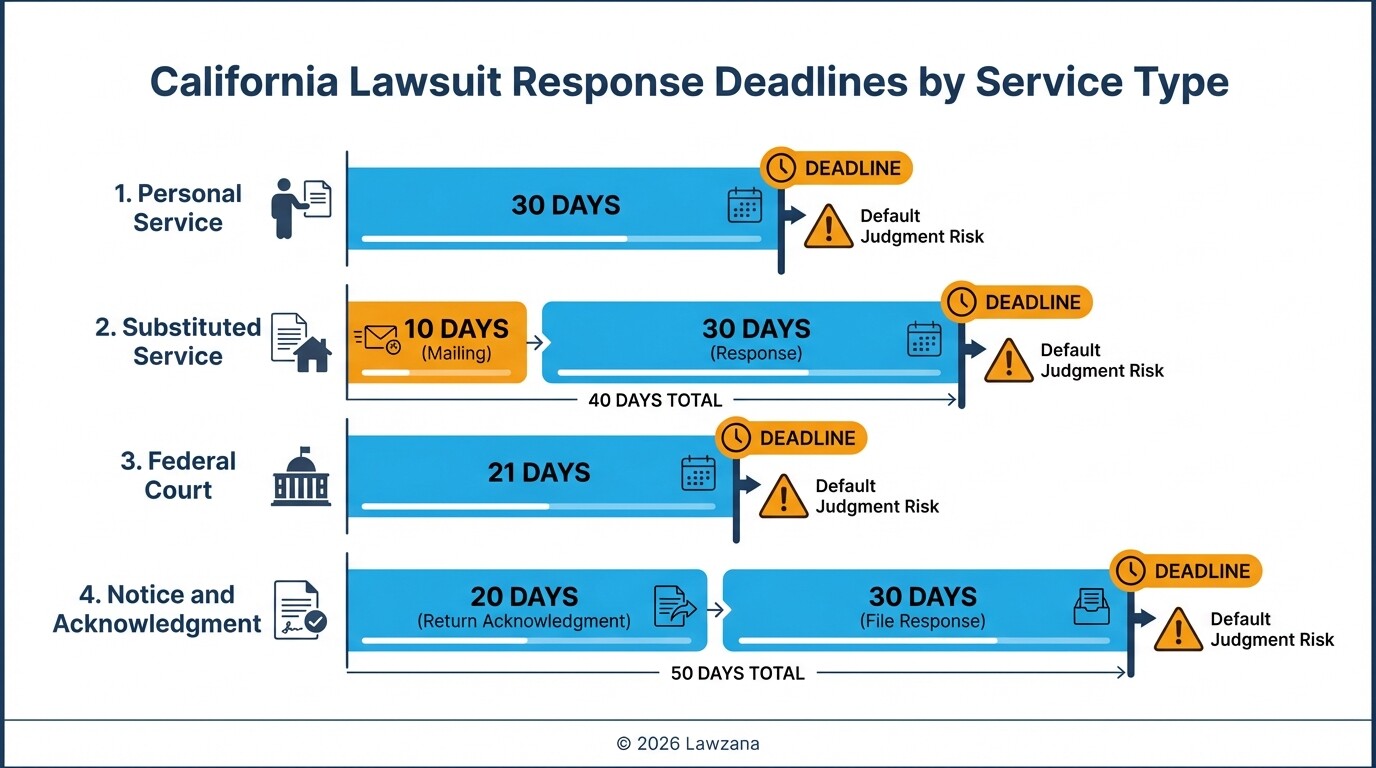 Timeline of response deadlines for California business lawsuits based on service method