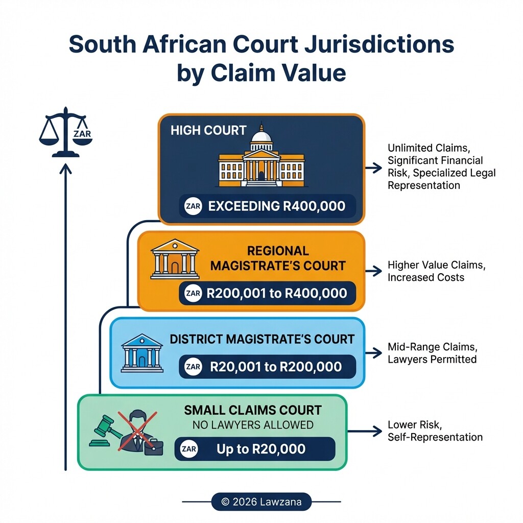 Diagram showing monetary limits for Small Claims, Magistrate, and High Courts in South Africa.