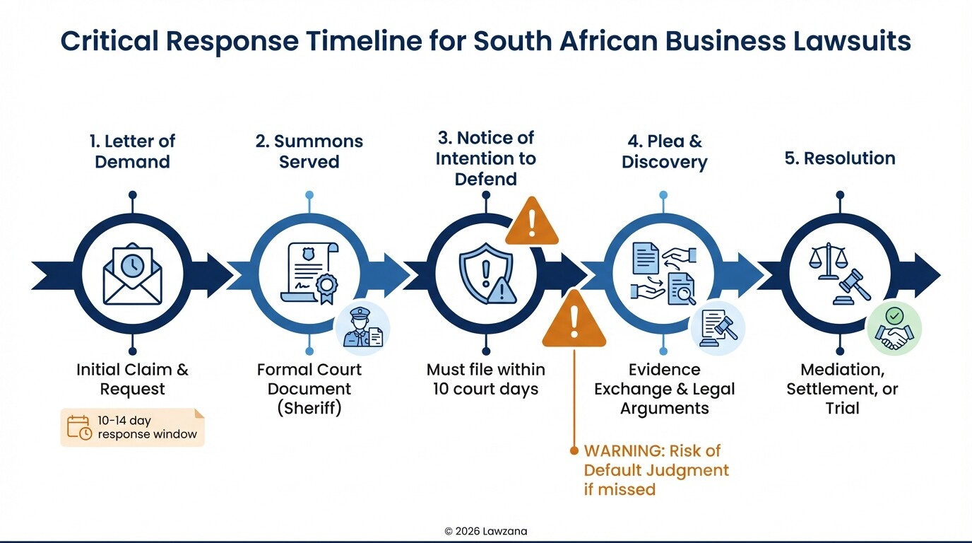 Infographic showing the legal timeline from Letter of Demand to trial for SA businesses.