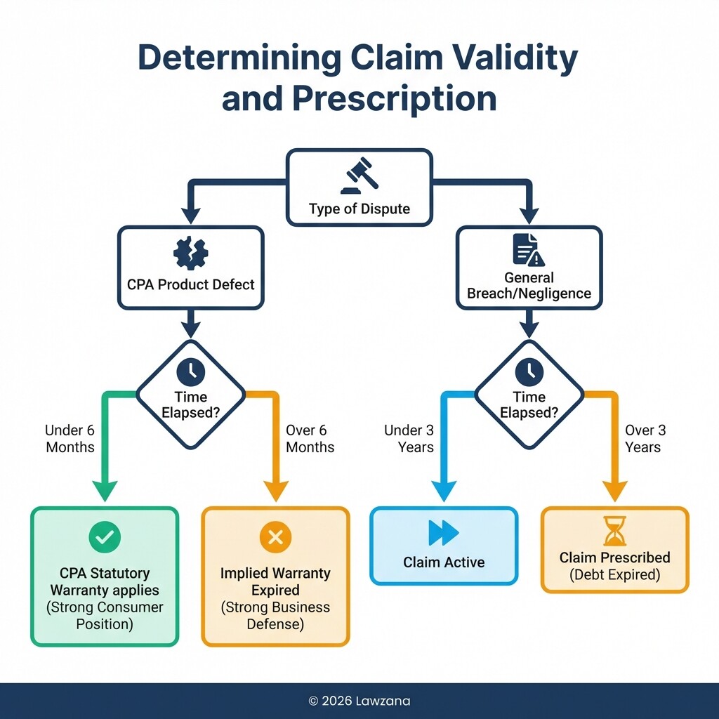 Flowchart determining if a customer claim has prescribed under the CPA or Prescription Act.
