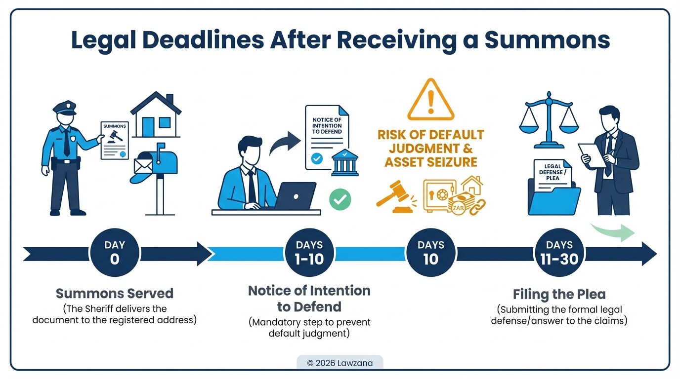Timeline showing 10-day and 20-day legal deadlines for South African business lawsuits.