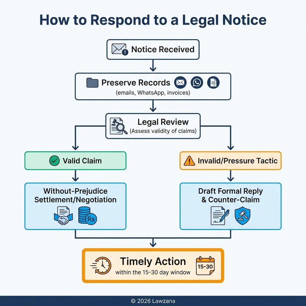 Flowchart showing the step-by-step legal response process for an Indian startup