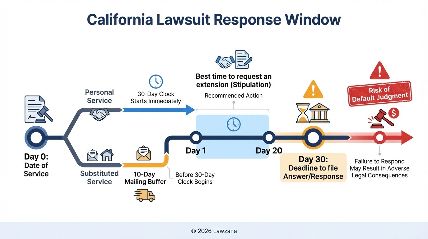 Timeline of the 30-day deadline to respond to a California business lawsuit