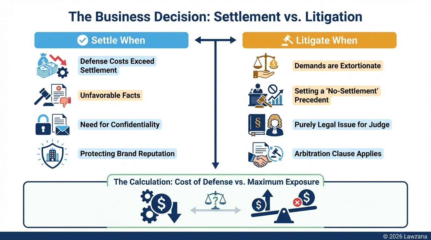 A comparison chart weighing the factors of settling versus litigating a business dispute.