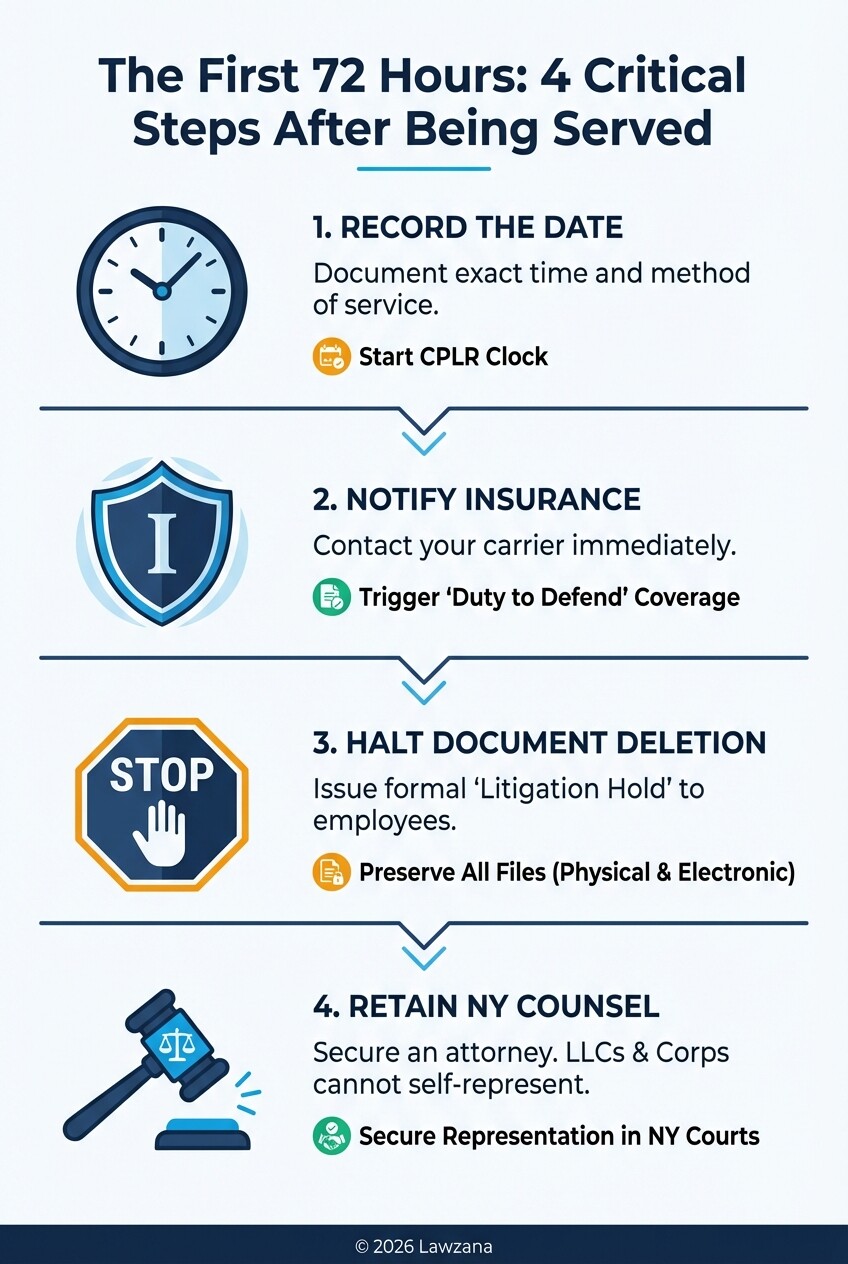 Infographic showing four immediate steps for NY businesses after being served with a lawsuit.