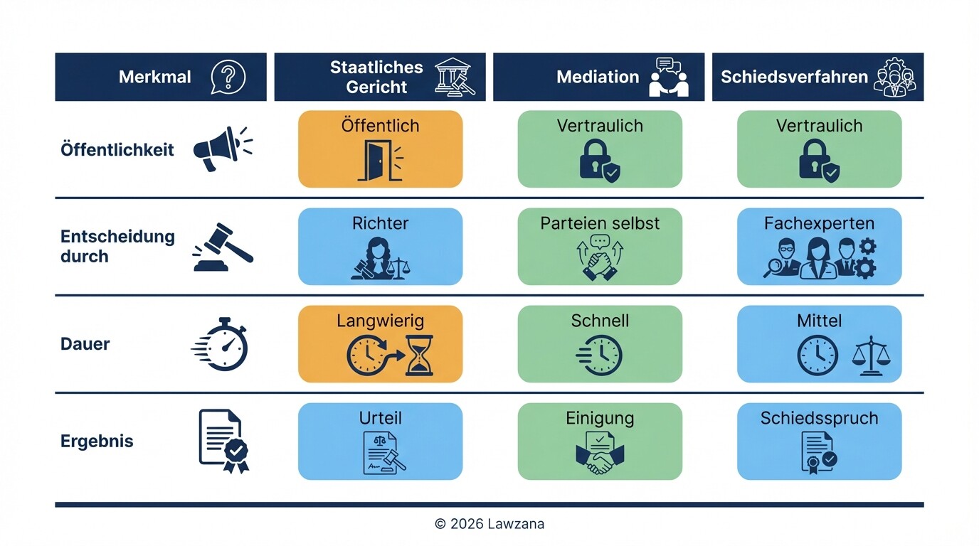 Vergleich von Gerichtsverfahren, Mediation und Schiedsverfahren f&uuml;r Unternehmen.