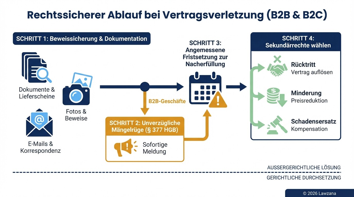 Infografik zum rechtssicheren Ablauf bei einer Vertragsverletzung im deutschen Recht.