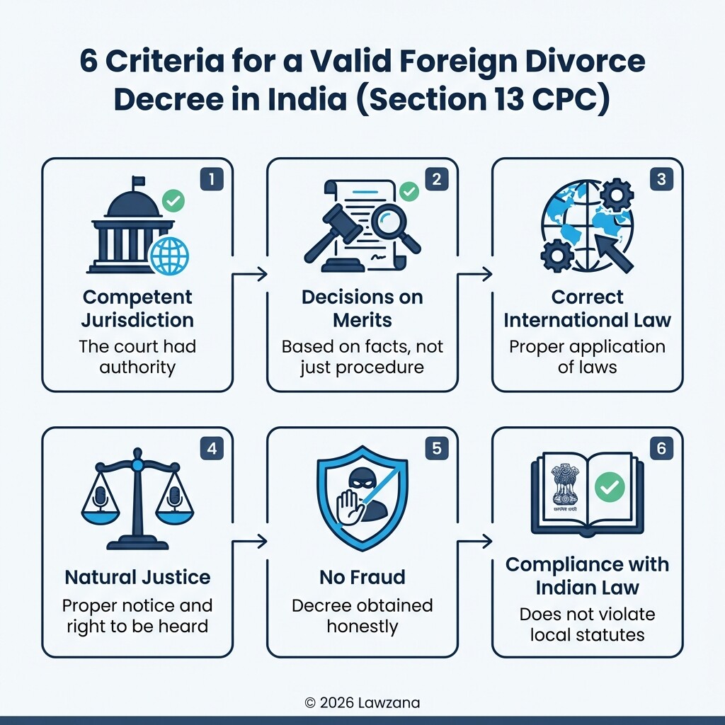Infographic showing the six legal requirements for a foreign divorce to be valid in India under Section 13 CPC.