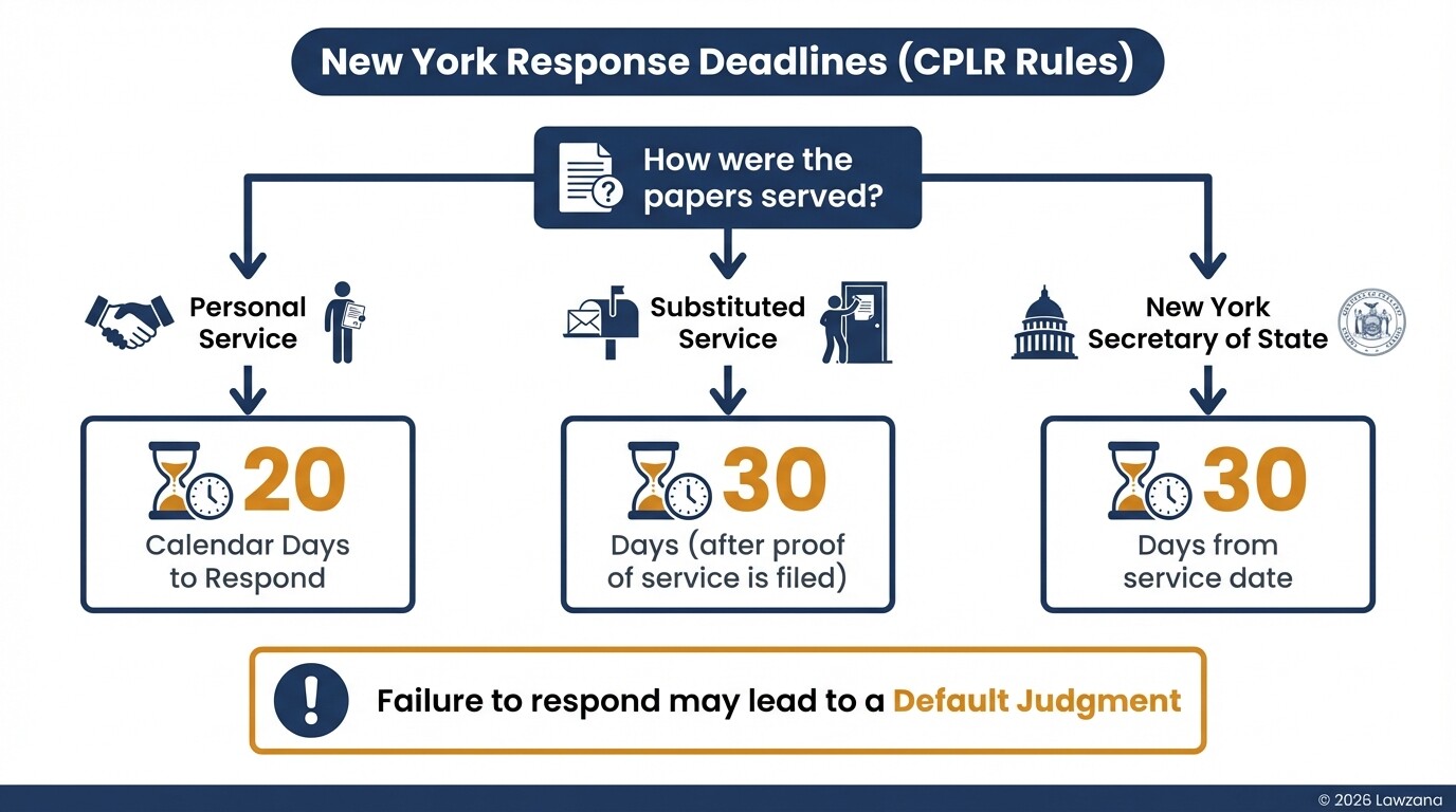 Flowchart showing New York legal response deadlines based on the method of service.